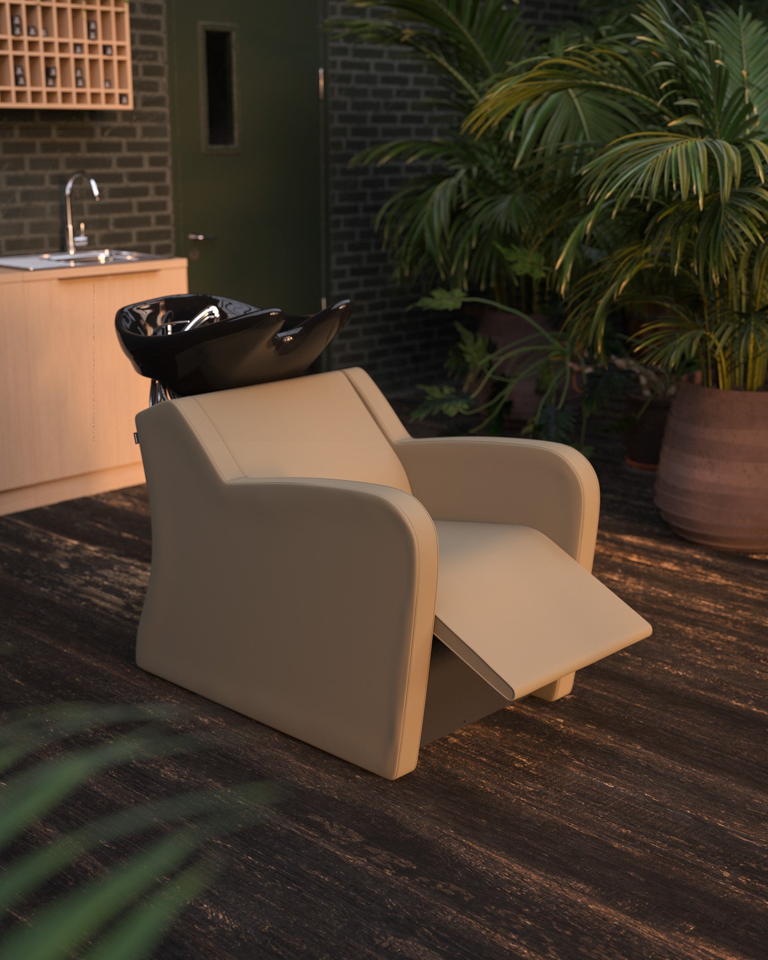 Fredda II beige massagevask med sort kumme fra Solida Furniture, frisørudstyr til frisørsalon med massagefunktion